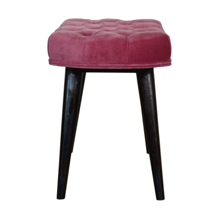 Mid-Century Modern Pink Cotton Velvet Button Bench - Solid Mango Wood Seating Furniture for Entryway - product view 8...