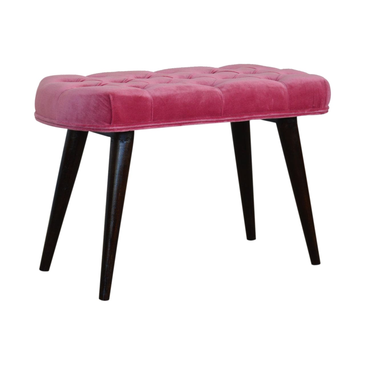 Mid-Century Modern Pink Cotton Velvet Button Bench - Solid Mango Wood Seating Furniture for Entryway - main view showing...