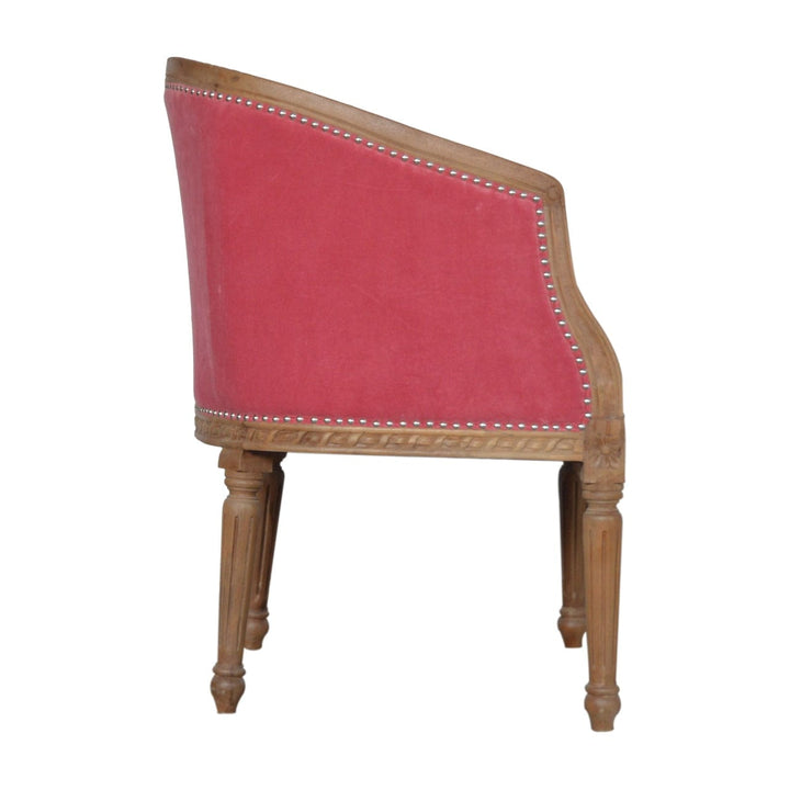 Mid-Century Modern Pink Velvet Occasional Chair in Solid Mango Wood - product view 8 showing handcrafted solid mango wood...