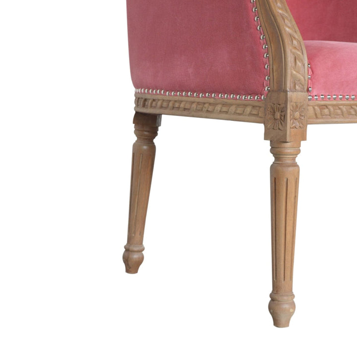 Mid-Century Modern Pink Velvet Occasional Chair in Solid Mango Wood - product view 7 showing handcrafted solid mango wood...