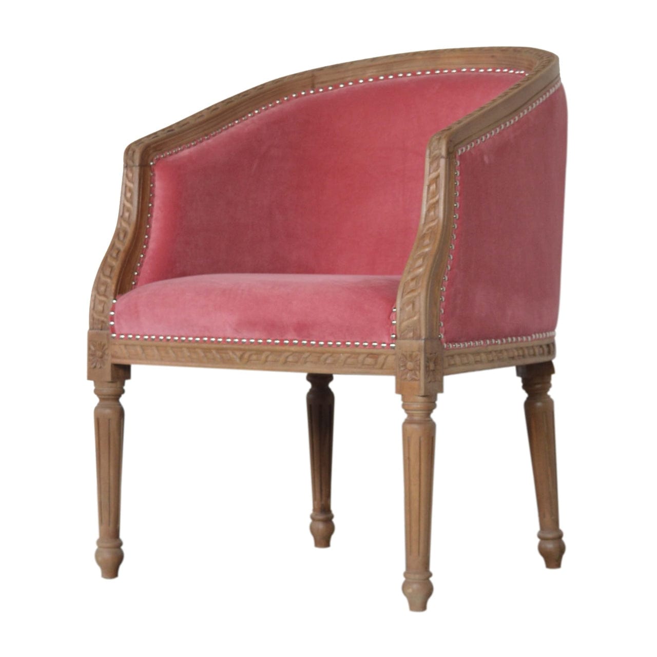 Mid-Century Modern Pink Velvet Occasional Chair in Solid Mango Wood - product view 3 showing handcrafted solid mango wood...
