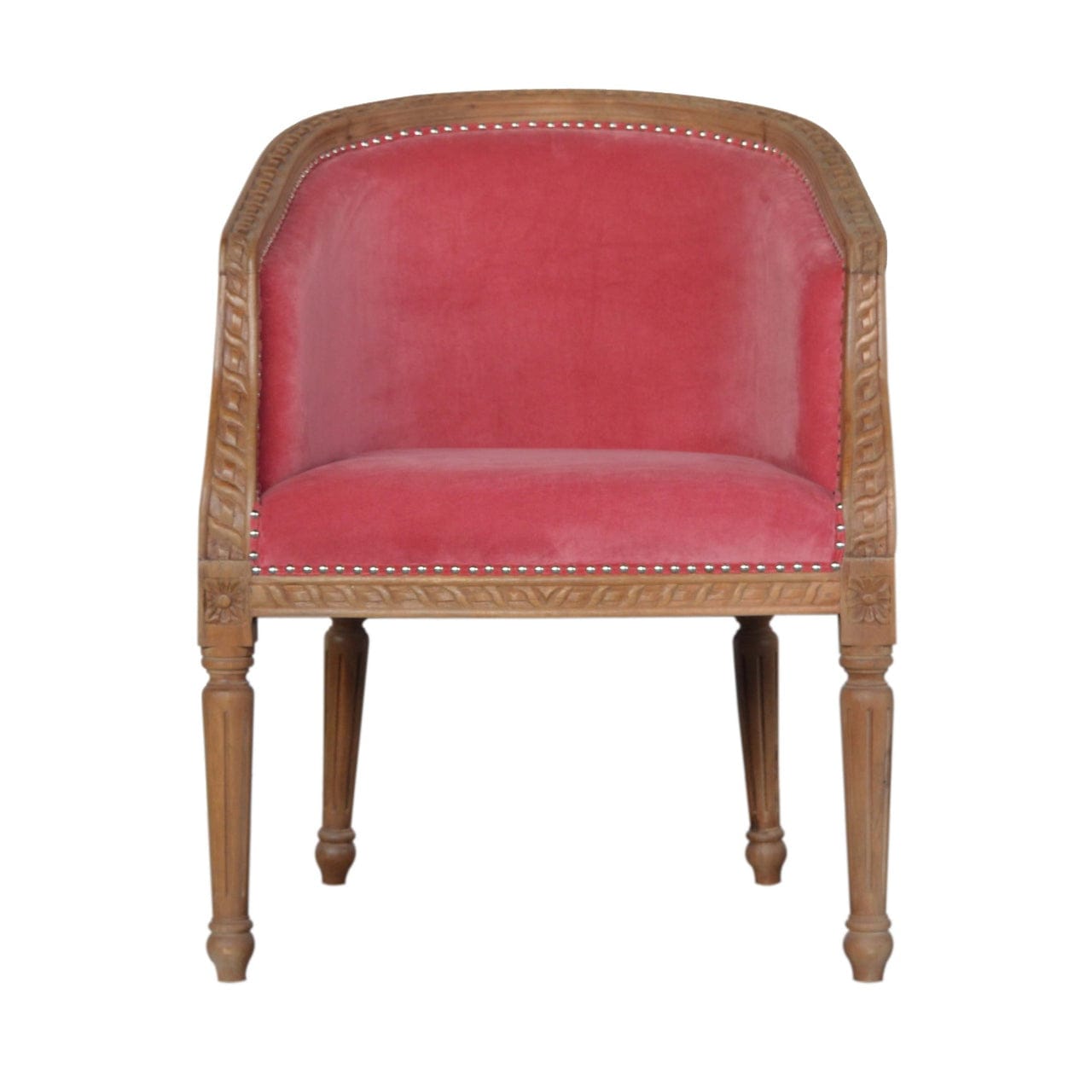 Mid-Century Modern Pink Velvet Occasional Chair in Solid Mango Wood - main view showing handcrafted solid mango wood chair