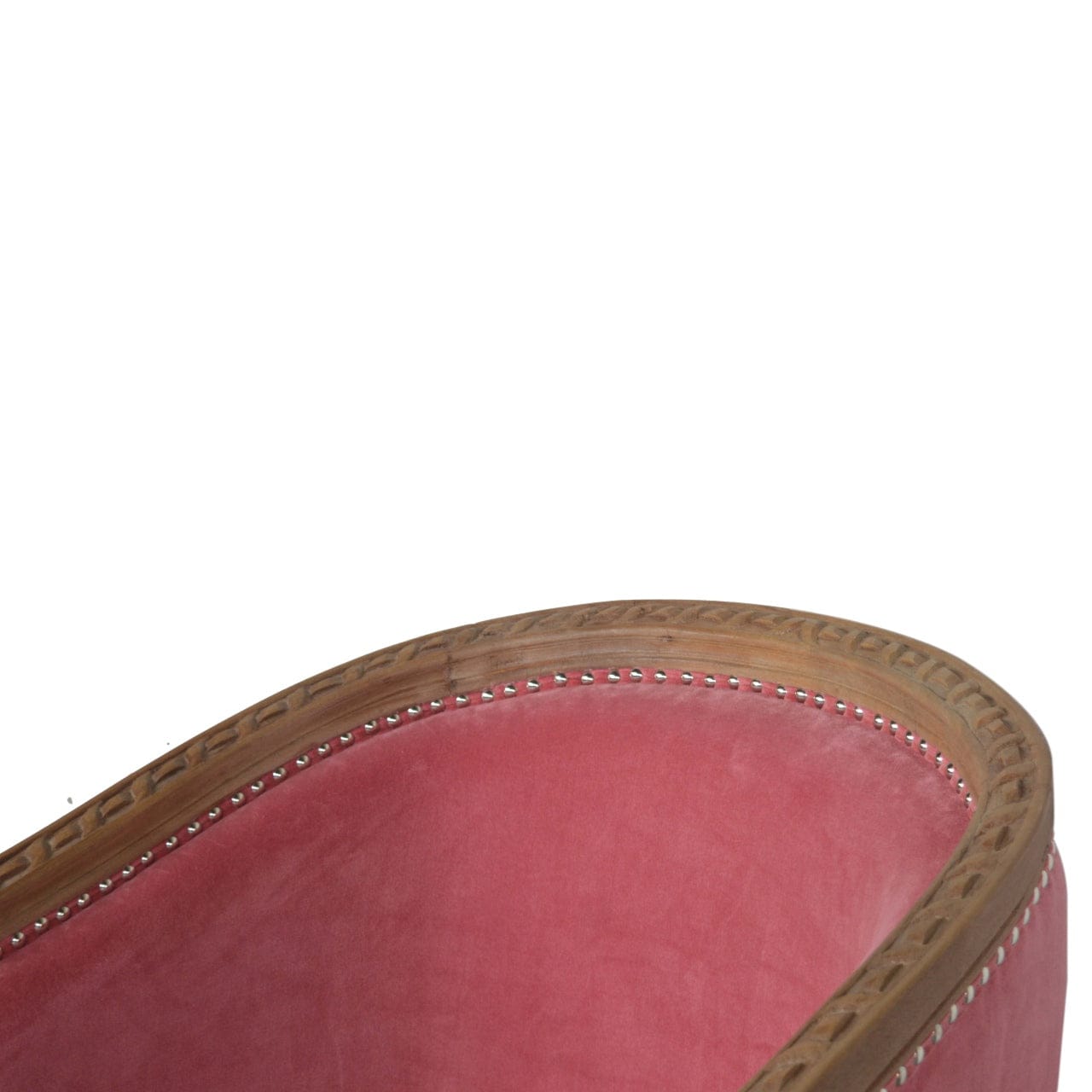Mid-Century Modern Pink Velvet Occasional Chair in Solid Mango Wood - product view 6 showing handcrafted solid mango wood...