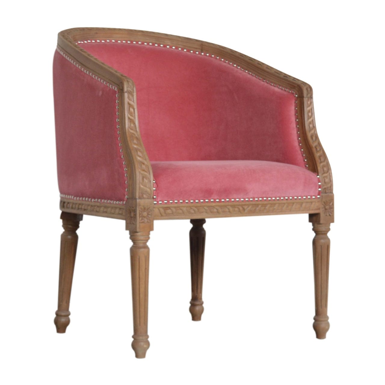 Mid-Century Modern Pink Velvet Occasional Chair in Solid Mango Wood - product view 2 showing handcrafted solid mango wood...