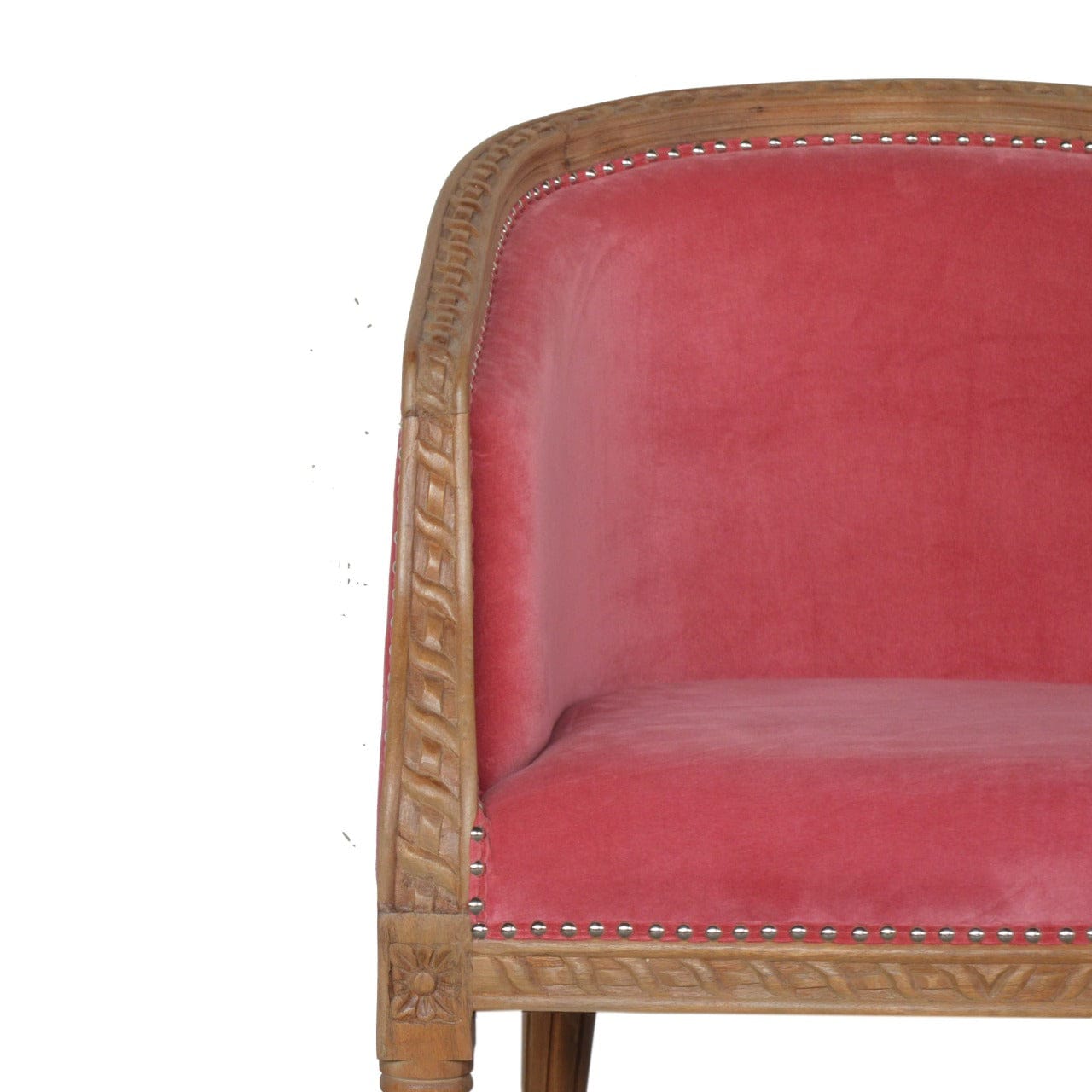 Mid-Century Modern Pink Velvet Occasional Chair in Solid Mango Wood - product view 4 showing handcrafted solid mango wood...