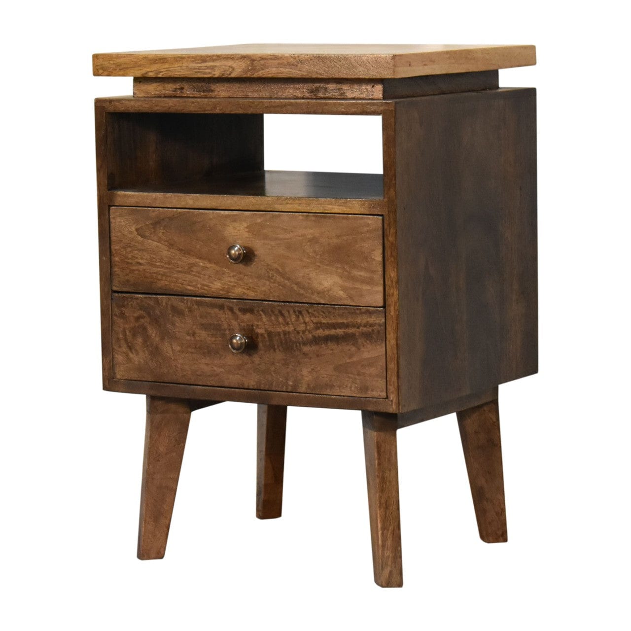 Mid-Century Modern Platform Nightstand - Solid Mango Wood Bedside Table for Bedroom - product view 3 showing handcrafted...