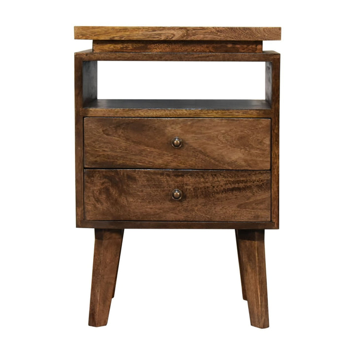 Mid-Century Modern Platform Nightstand - Solid Mango Wood Bedside Table for Bedroom - product view 2 showing handcrafted...