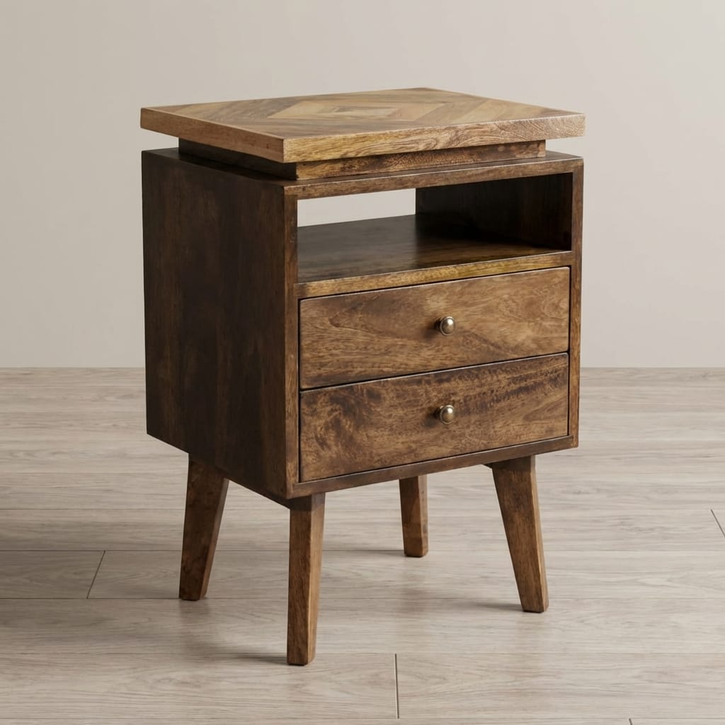 Mid-Century Modern Platform Nightstand - Solid Mango Wood Bedside Table for Bedroom - main view showing handcrafted solid...