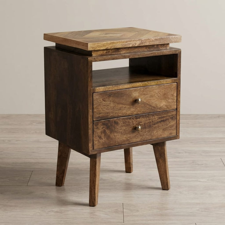 Mid-Century Modern Platform Nightstand - Solid Mango Wood Bedside Table for Bedroom - main view showing handcrafted solid...