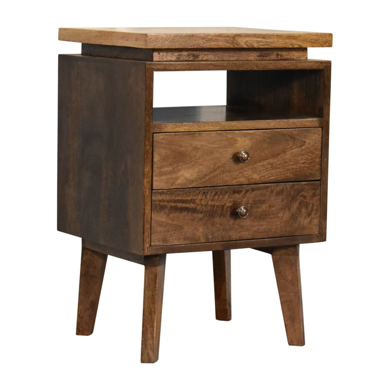Mid-Century Modern Platform Nightstand - Solid Mango Wood Bedside Table for Bedroom - product view 4 showing handcrafted...