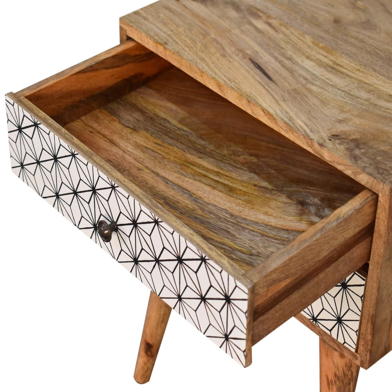 Mid-Century Modern Prima Nightstand - Solid Mango Wood Bedside Table for Bedroom - product view 6 showing handcrafted...