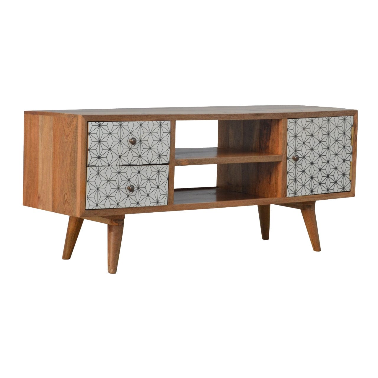 Mid-Century Modern Prima TV Stand - Solid Mango Wood Entertainment Center for Living Room - main view showing handcrafted...