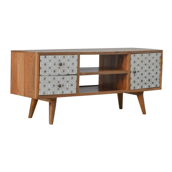 Mid-Century Modern Prima TV Stand - Solid Mango Wood Entertainment Center for Living Room - main view showing handcrafted...