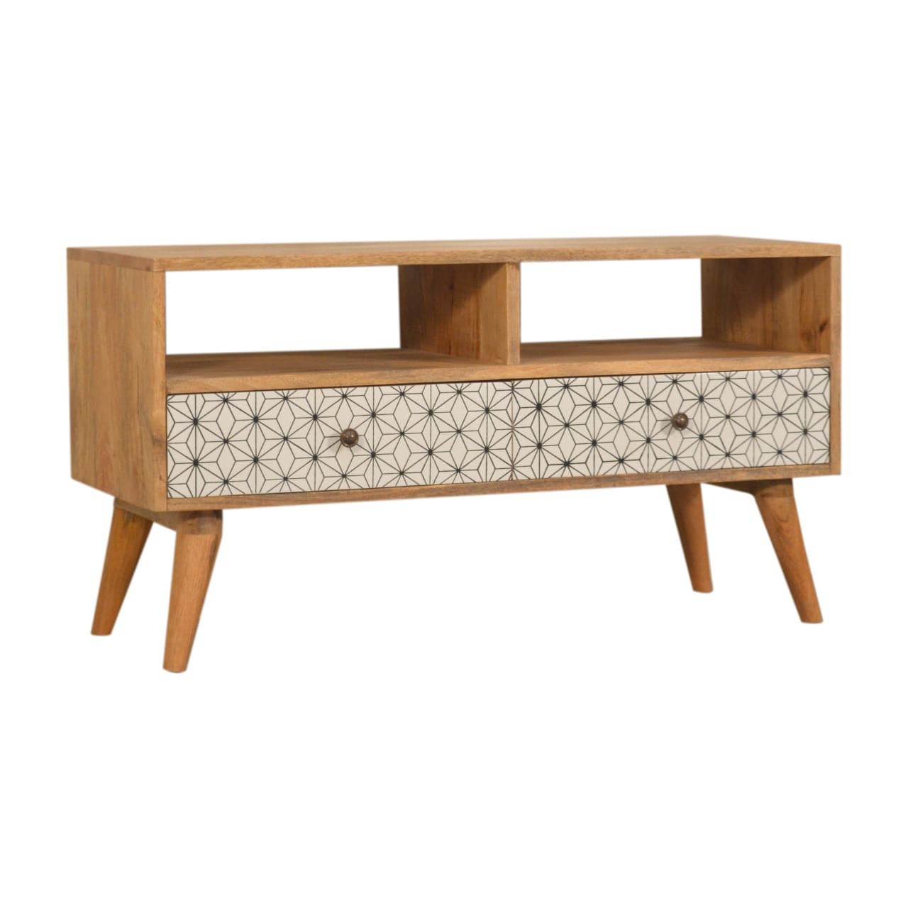 Mid-Century Modern Prima TV Unit - Entertainment Center in Solid Mango Wood - product view 2 showing handcrafted solid...