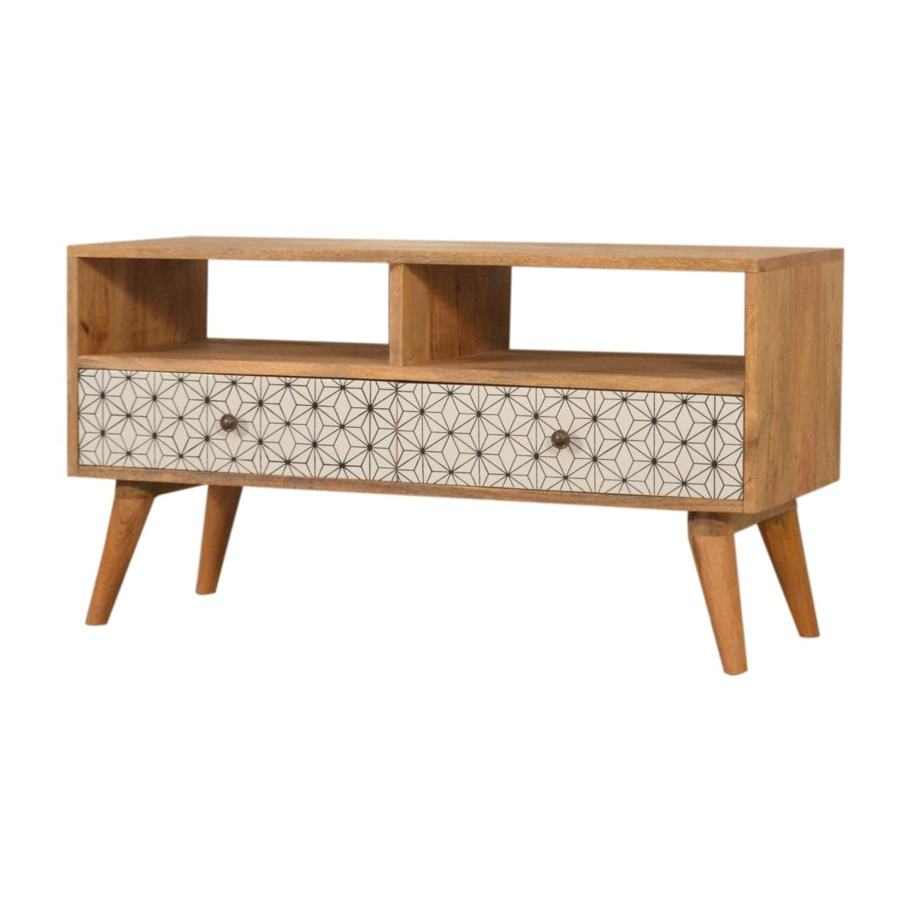 Mid-Century Modern Prima TV Unit - Entertainment Center in Solid Mango Wood - main view showing handcrafted solid mango...