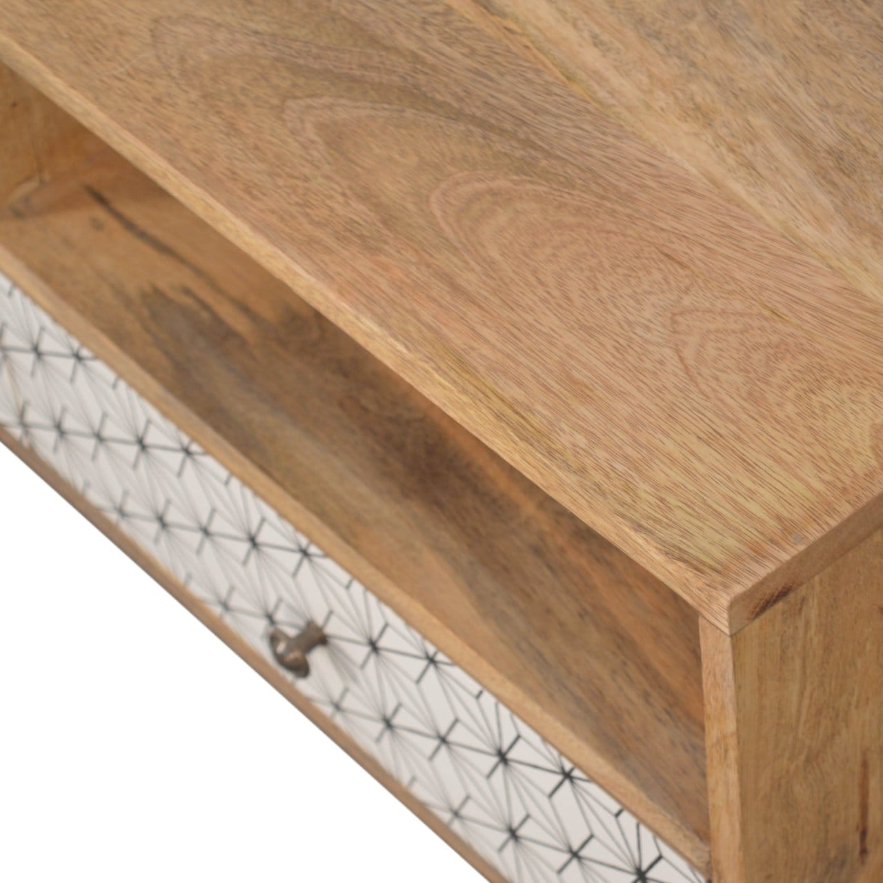 Mid-Century Modern Prima TV Unit - Entertainment Center in Solid Mango Wood - product view 4 showing handcrafted solid...
