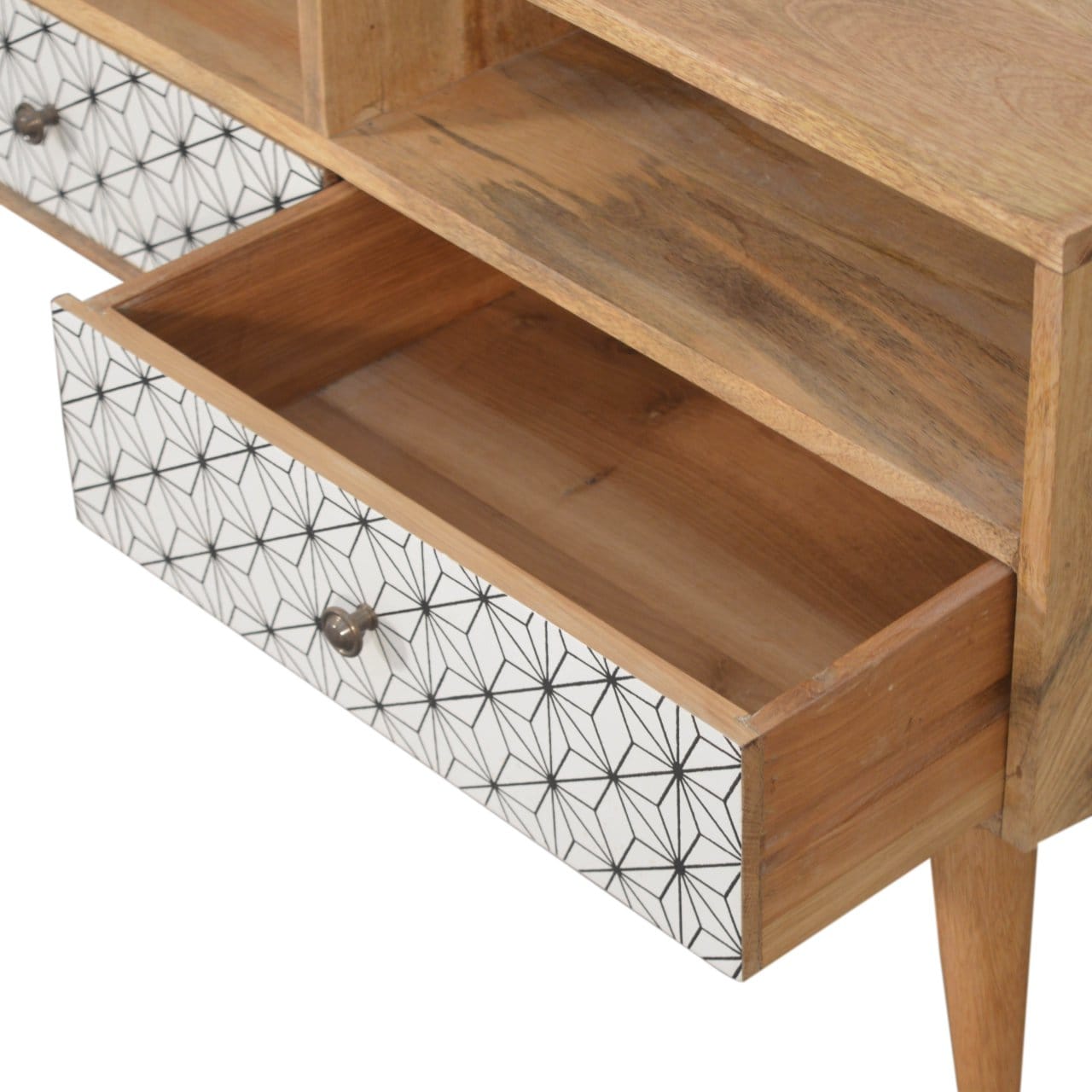 Mid-Century Modern Prima TV Unit - Entertainment Center in Solid Mango Wood - product view 5 showing handcrafted solid...