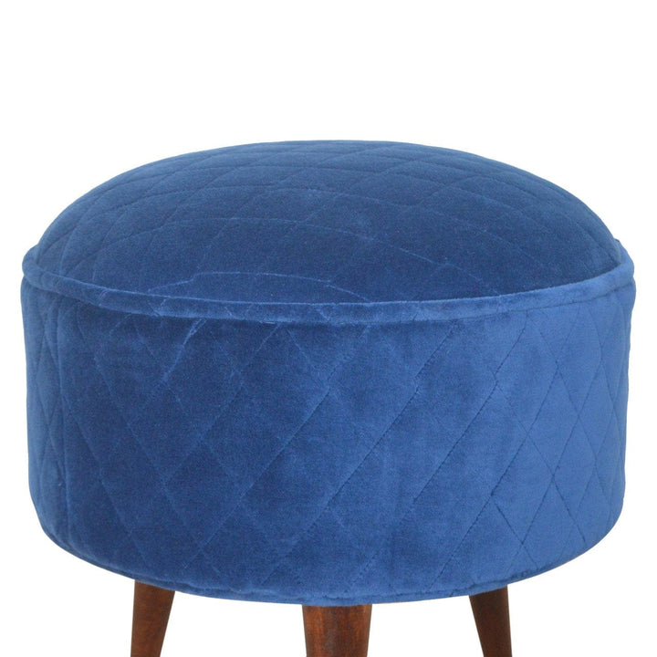 Mid-Century Modern Quilted Blue Velvet Footstool - Solid Mango Wood Accent Stool for Living Room - product view 5 showing...