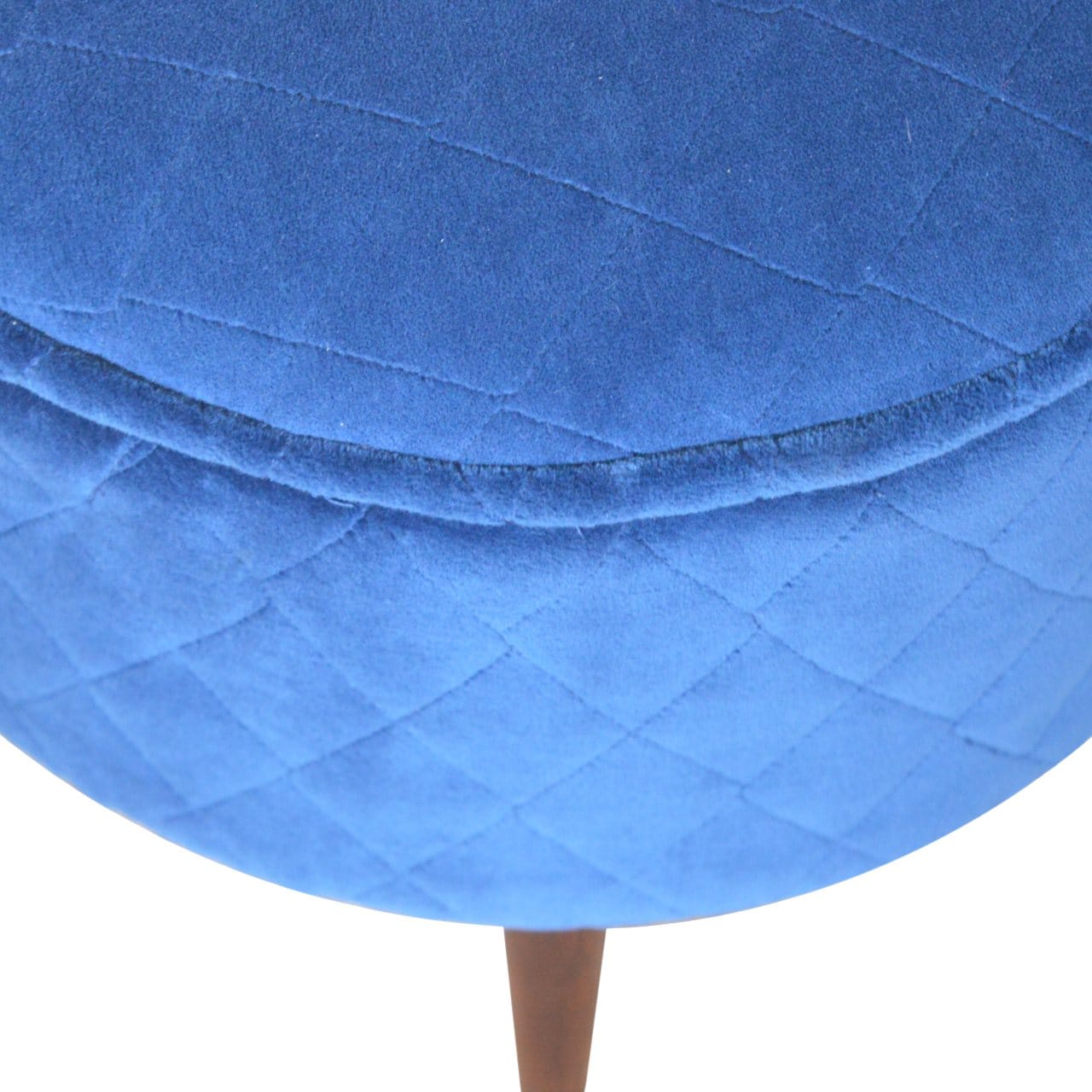 Mid-Century Modern Quilted Blue Velvet Footstool - Solid Mango Wood Accent Stool for Living Room - product view 4 showing...