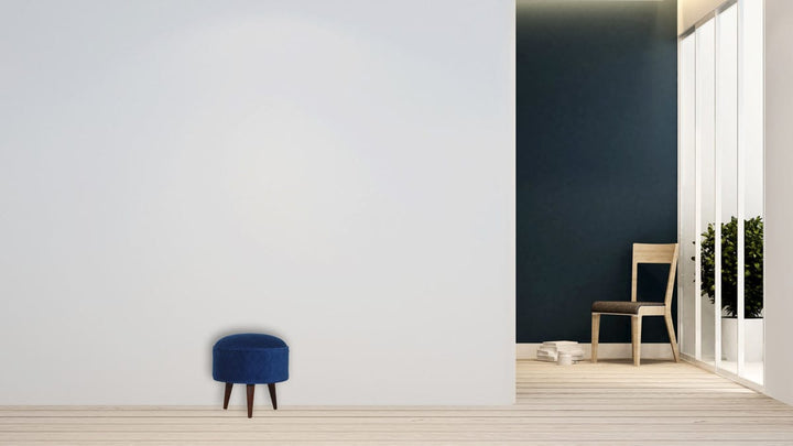 Mid-Century Modern Quilted Blue Velvet Footstool - Solid Mango Wood Accent Stool for Living Room - product view 8 showing...