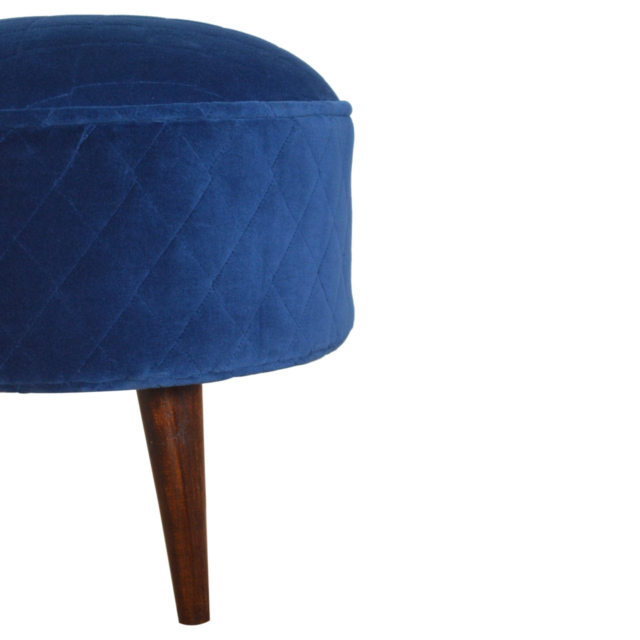 Mid-Century Modern Quilted Blue Velvet Footstool - Solid Mango Wood Accent Stool for Living Room - product view 6 showing...
