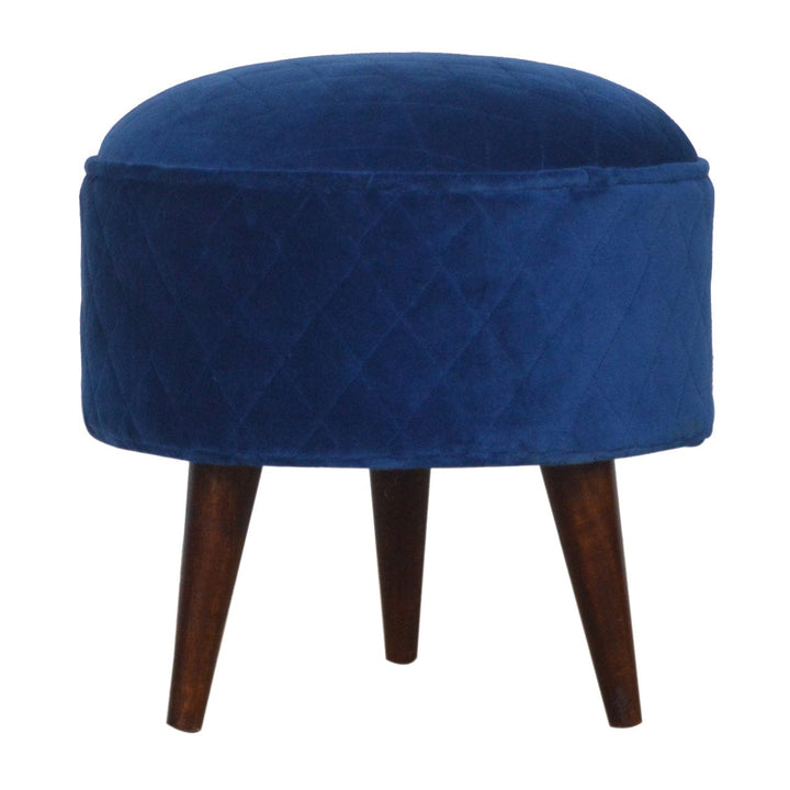 Mid-Century Modern Quilted Blue Velvet Footstool - Solid Mango Wood Accent Stool for Living Room - main view showing...