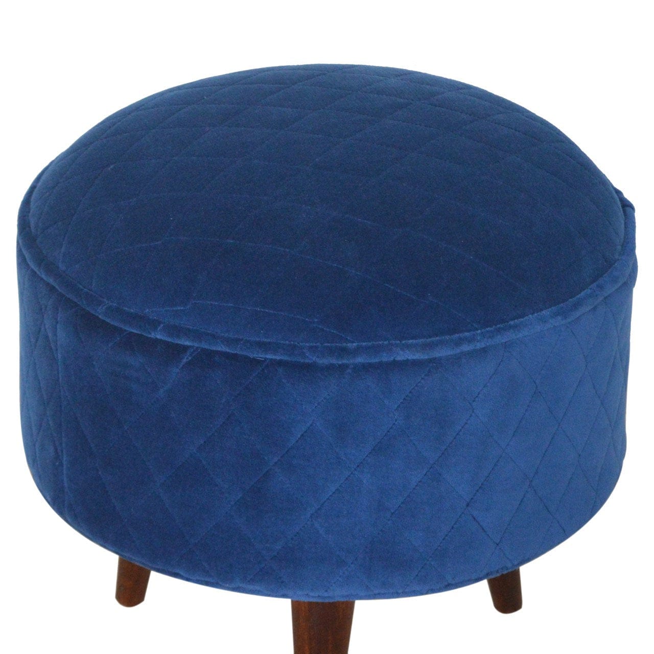Mid-Century Modern Quilted Blue Velvet Footstool - Solid Mango Wood Accent Stool for Living Room - product view 2 showing...