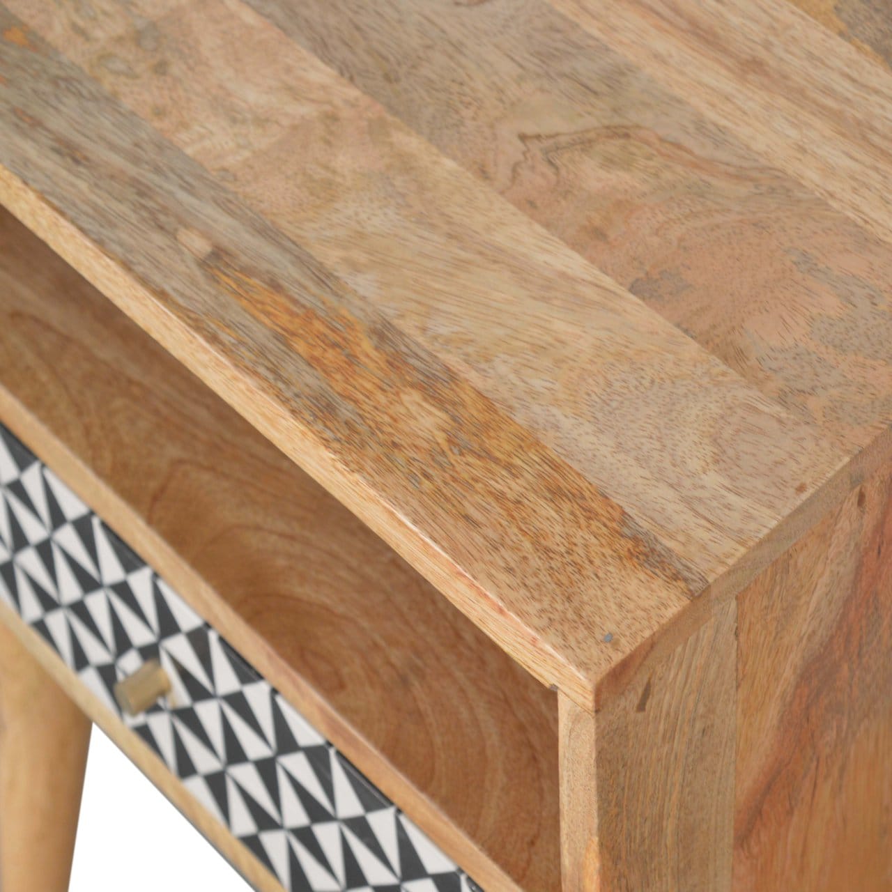 Mid-Century Modern Rafina Nightstand - Solid Mango Wood Bedside Table for Bedroom - product view 4 showing handcrafted...