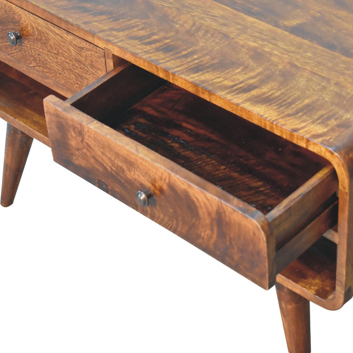 Mid-Century Modern Reverse Curved Chestnut TV Stand - Solid Mango Wood Entertainment Center for Living Room - product...