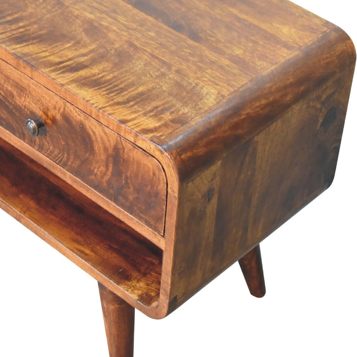 Mid-Century Modern Reverse Curved Chestnut TV Stand - Solid Mango Wood Entertainment Center for Living Room - product...