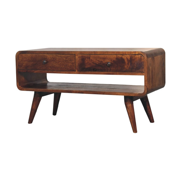 Mid-Century Modern Reverse Curved Chestnut TV Stand - Solid Mango Wood Entertainment Center for Living Room - product...
