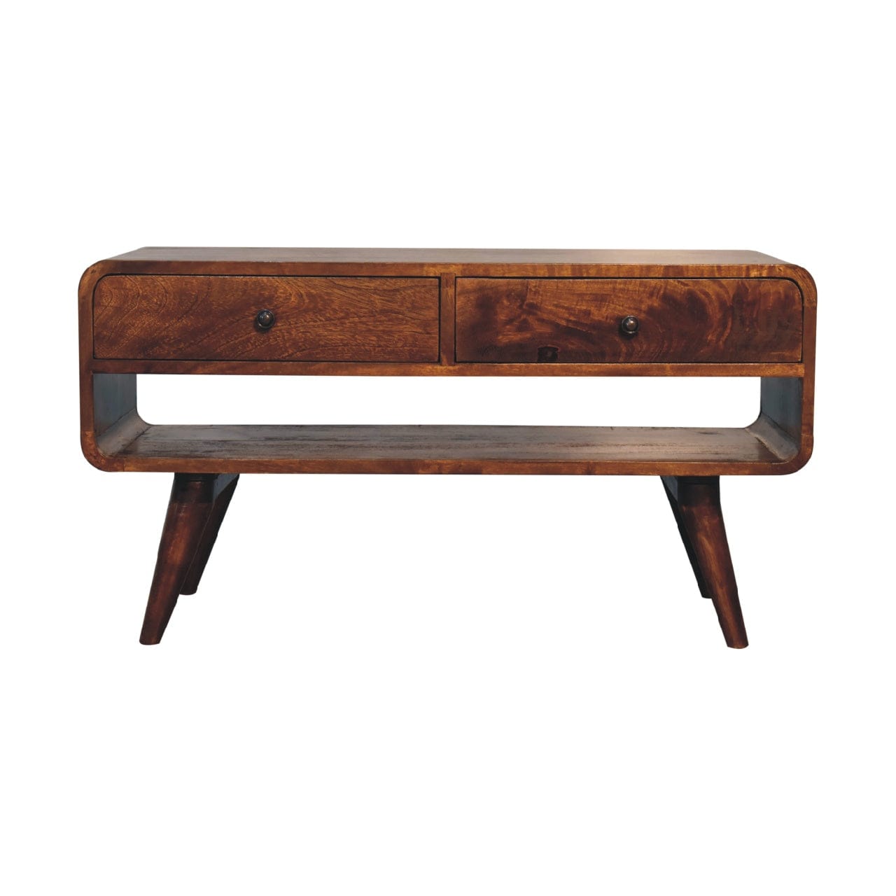 Mid-Century Modern Reverse Curved Chestnut TV Stand - Solid Mango Wood Entertainment Center for Living Room - main view...