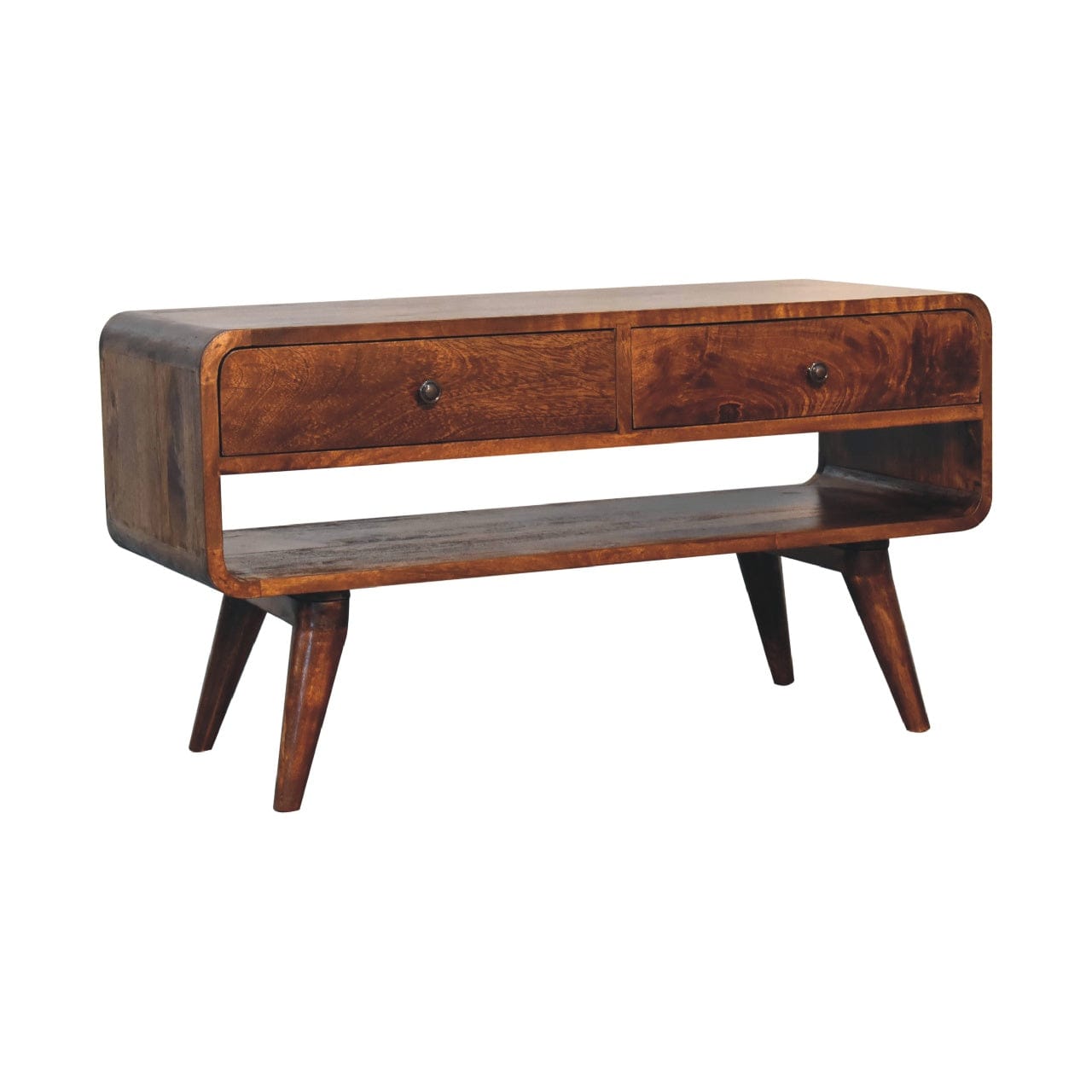Mid-Century Modern Reverse Curved Chestnut TV Stand - Solid Mango Wood Entertainment Center for Living Room - product...