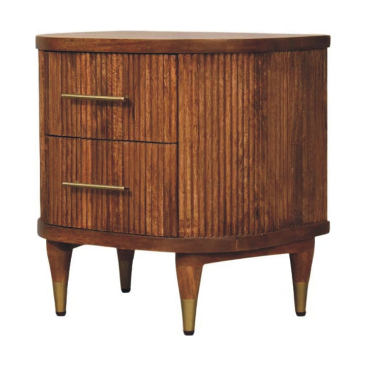 Mid-Century Modern Ribbed Nightstand - Solid Mango Wood Bedside Table for Bedroom - product view 3 showing handcrafted...