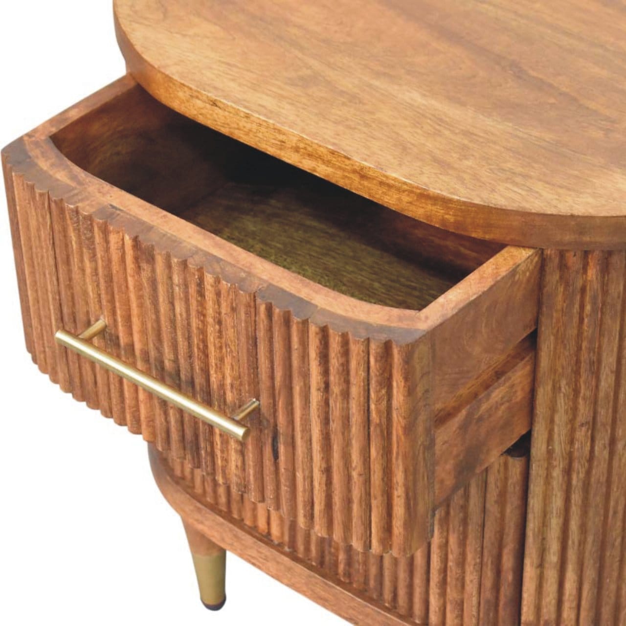 Mid-Century Modern Ribbed Nightstand - Solid Mango Wood Bedside Table for Bedroom - product view 6 showing handcrafted...