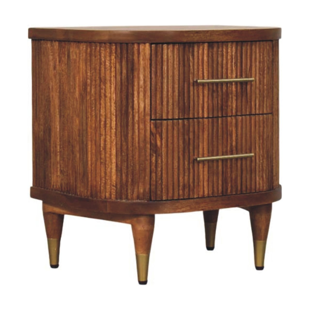 Mid-Century Modern Ribbed Nightstand - Solid Mango Wood Bedside Table for Bedroom - product view 2 showing handcrafted...