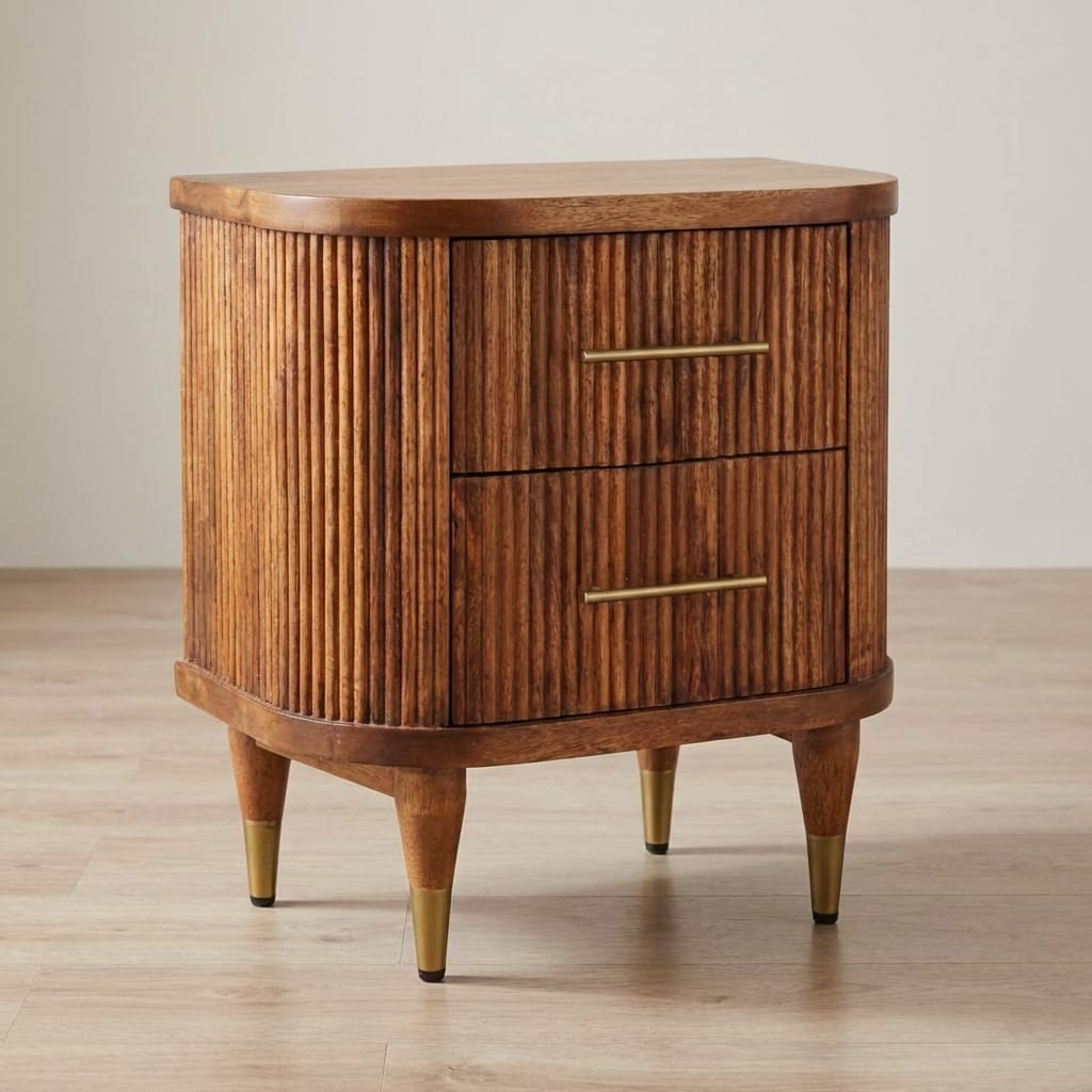 Mid-Century Modern Ribbed Nightstand - Solid Mango Wood Bedside Table for Bedroom - main view showing handcrafted solid...