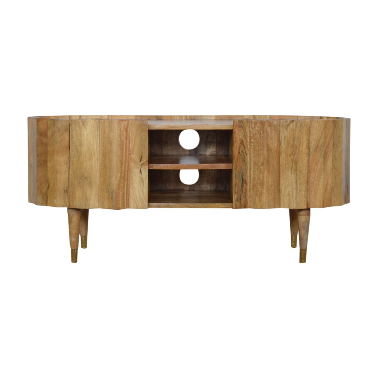 Mid-Century Modern Ridged TV Stand - Solid Mango Wood Entertainment Center for Living Room - main view showing...