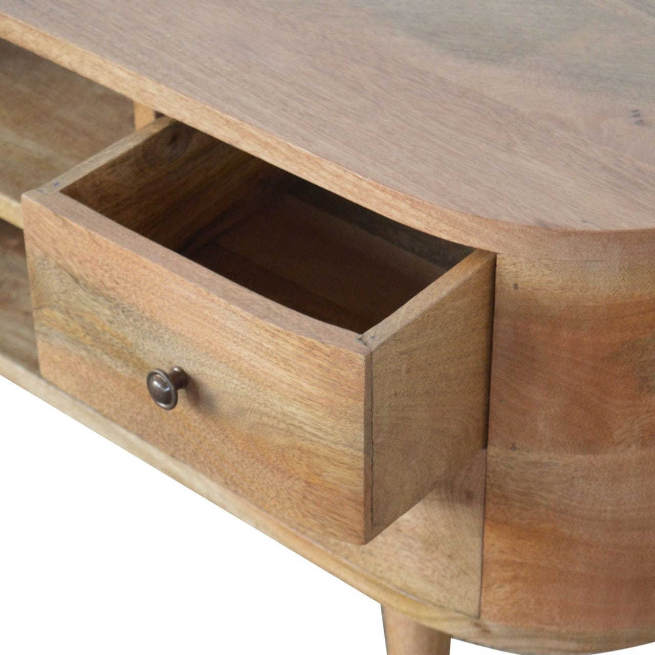 Mid-Century Modern Rounded TV Stand - Solid Mango Wood Entertainment Center for Living Room - product view 6 showing...
