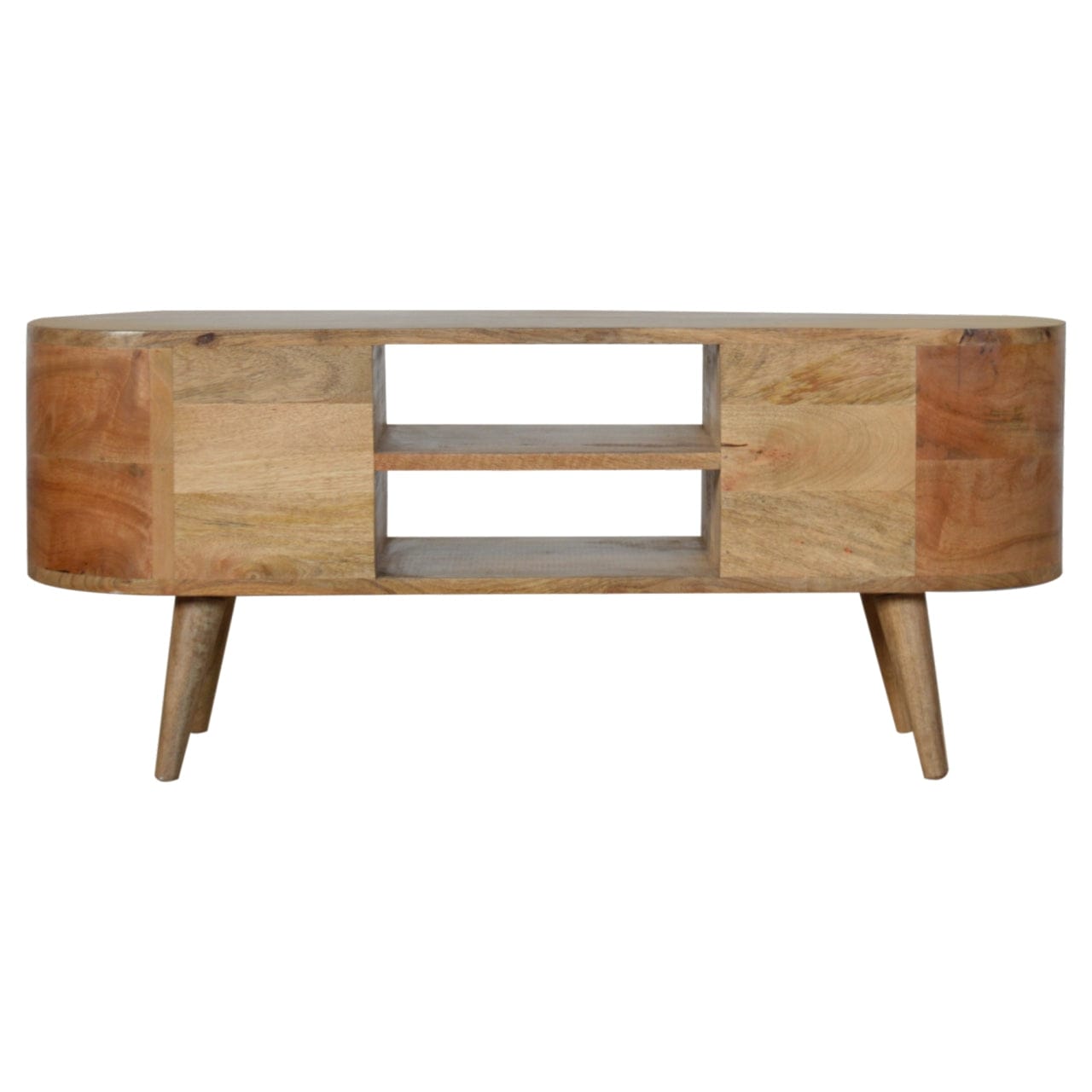 Mid-Century Modern Rounded TV Stand - Solid Mango Wood Entertainment Center for Living Room - product view 9 showing...