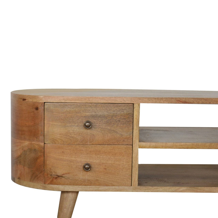 Mid-Century Modern Rounded TV Stand - Solid Mango Wood Entertainment Center for Living Room - product view 5 showing...