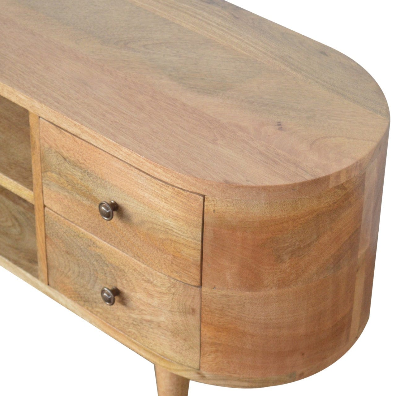 Mid-Century Modern Rounded TV Stand - Solid Mango Wood Entertainment Center for Living Room - product view 4 showing...
