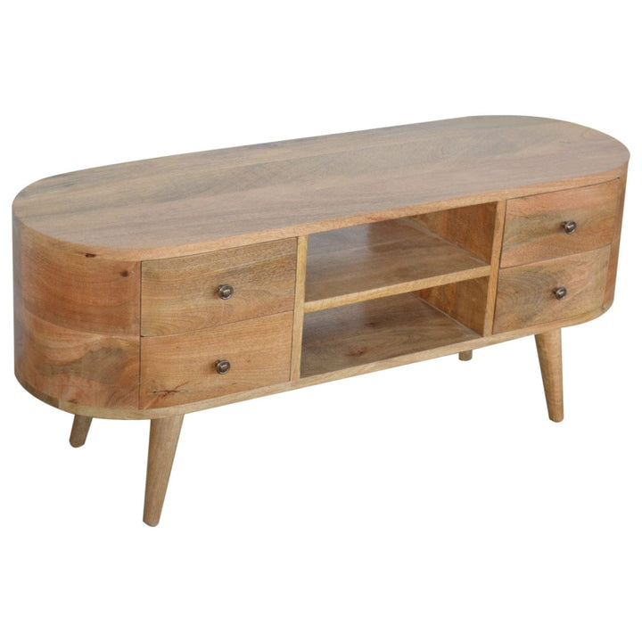 Mid-Century Modern Rounded TV Stand - Solid Mango Wood Entertainment Center for Living Room - product view 3 showing...