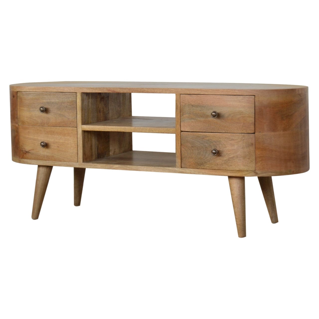 Mid-Century Modern Rounded TV Stand - Solid Mango Wood Entertainment Center for Living Room - product view 2 showing...