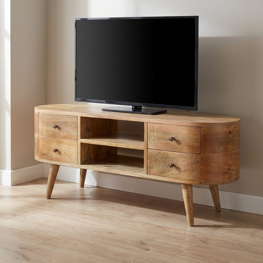 Mid-Century Modern Rounded TV Stand - Solid Mango Wood Entertainment Center for Living Room - main view showing...