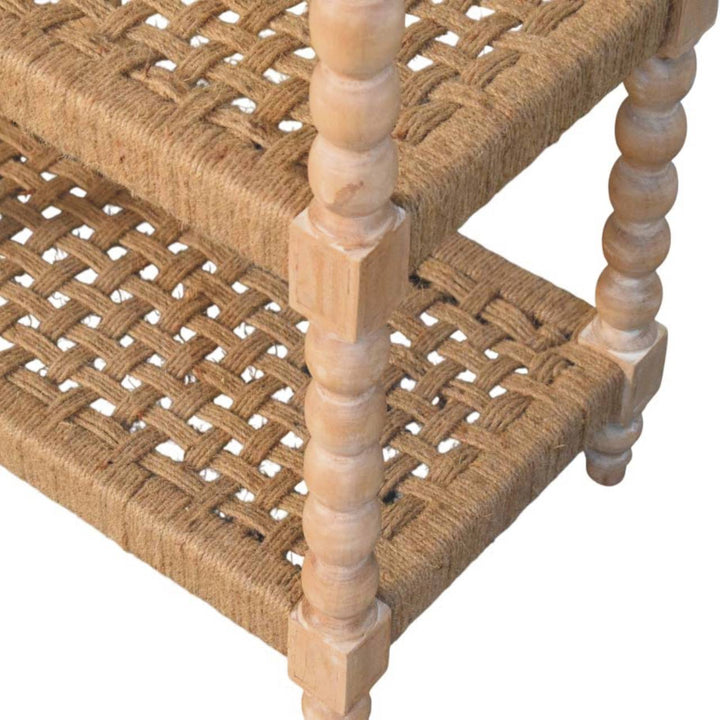 Mid-Century Modern Savoy Bobbin Console with Jute Shelves - Entryway & Hallway Table - product view 7 showing handcrafted...