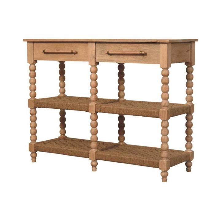 Mid-Century Modern Savoy Bobbin Console with Jute Shelves - Entryway & Hallway Table - product view 3 showing handcrafted...