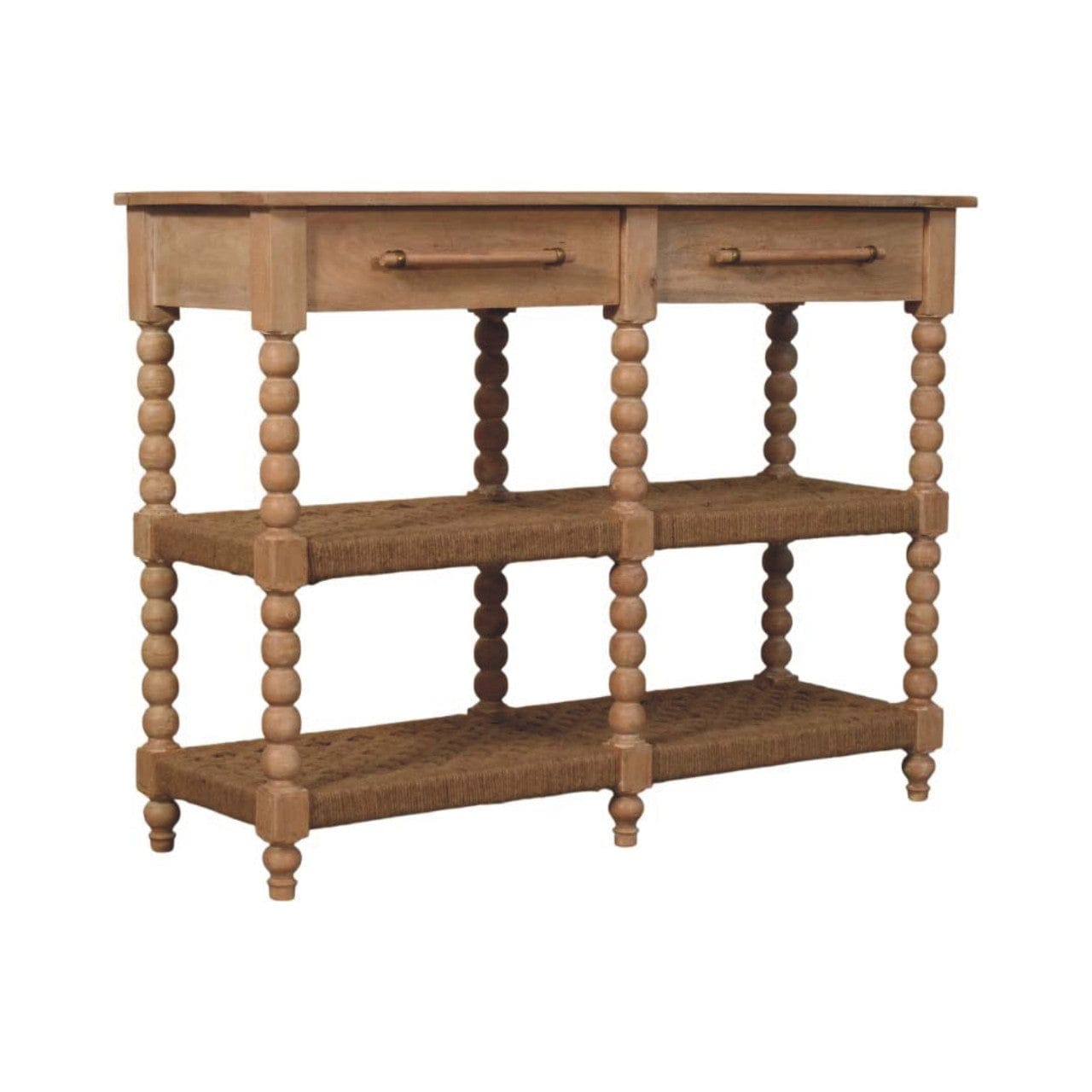 Mid-Century Modern Savoy Bobbin Console with Jute Shelves - Entryway & Hallway Table in natural wood finish.