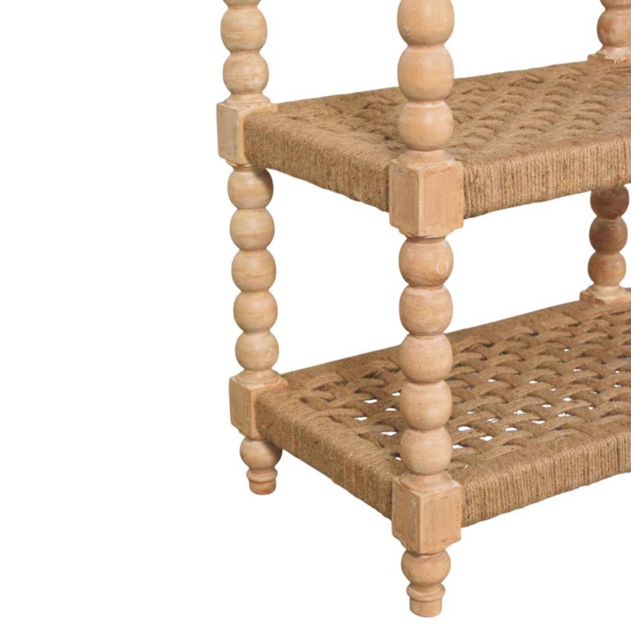Mid-Century Modern Savoy Bobbin Console with Jute Shelves - Entryway & Hallway Table - product view 8 showing handcrafted...