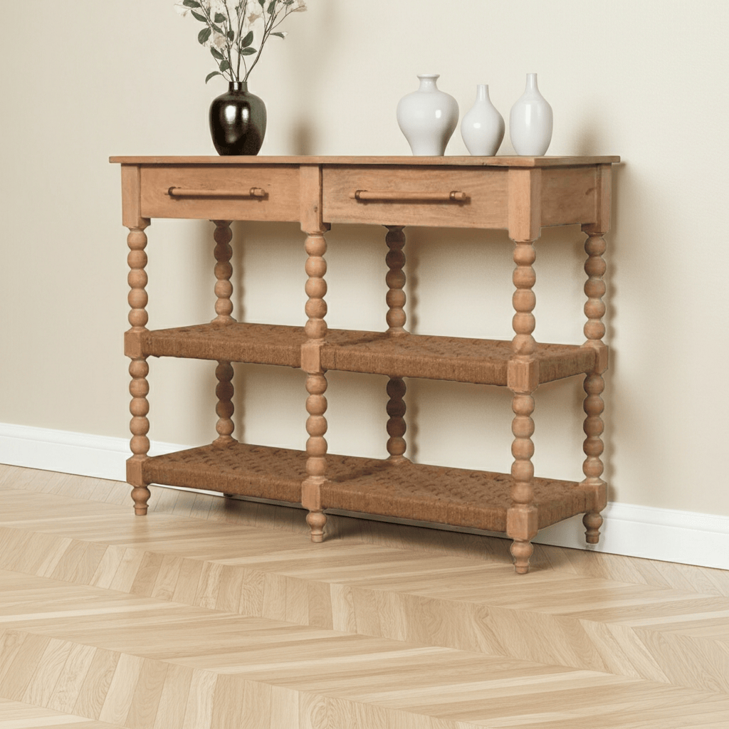 Mid-Century Modern Savoy Bobbin Console with Jute Shelves - Entryway & Hallway Table showcasing a handcrafted solid mango wood design.
